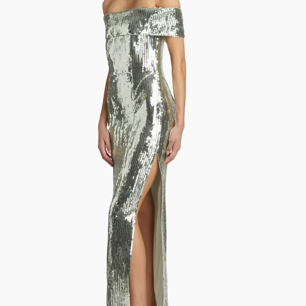 Galvan London 'Glencoe' Sequined Off-The-Shoulder Gown in Seaglass - Picture 4 of 6